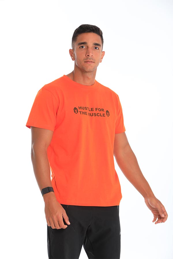 Hustle for the muscle T-shirt in orange thumbnail