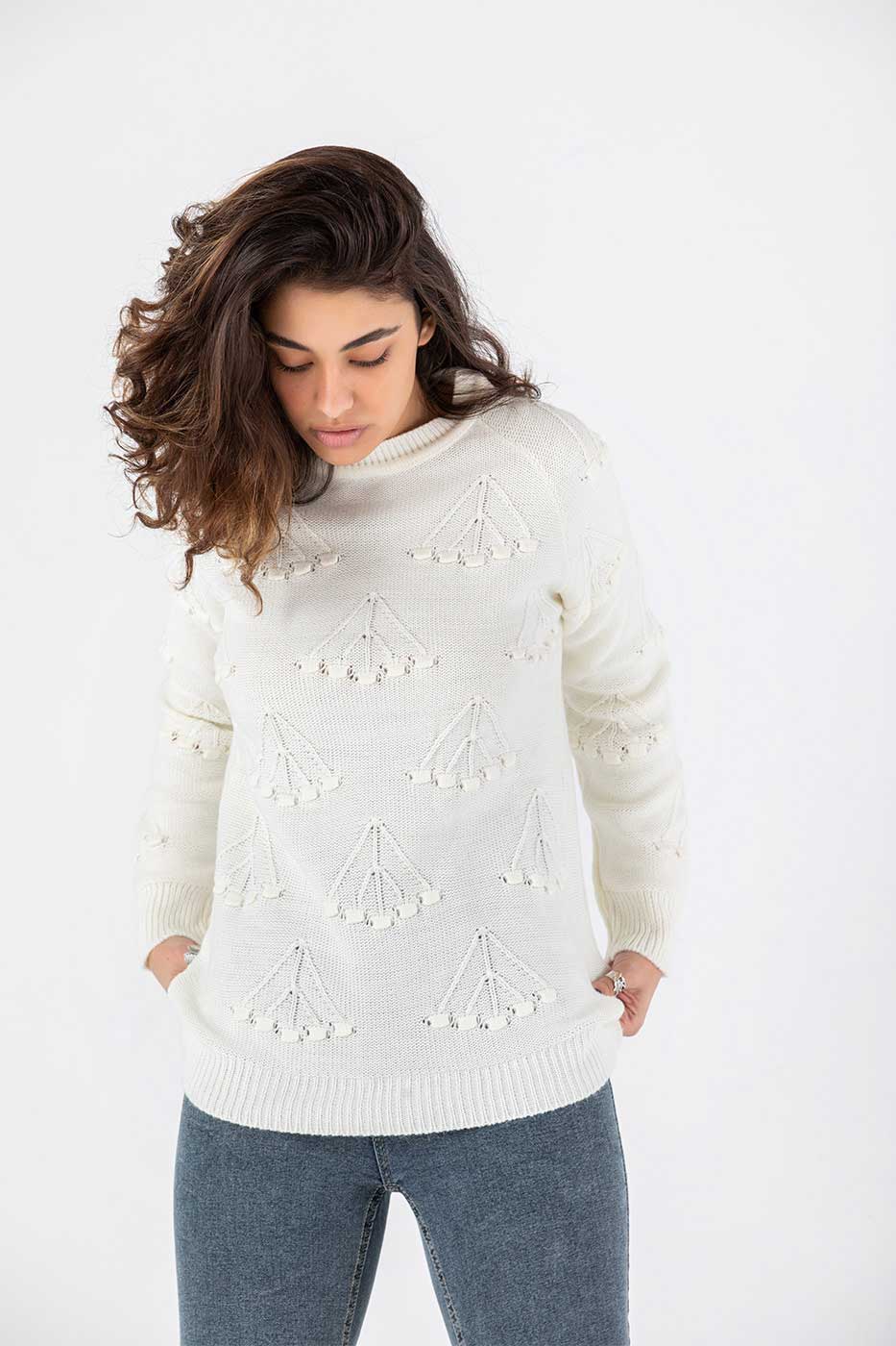 Comfort in Pompoms Pullover in White thumbnail