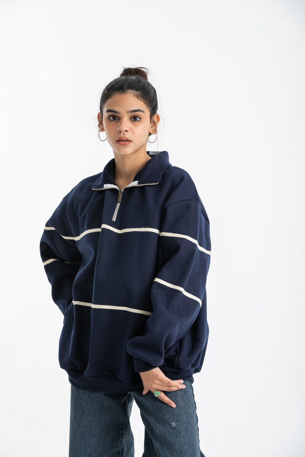 Zip up collar up sweater in Navy thumbnail