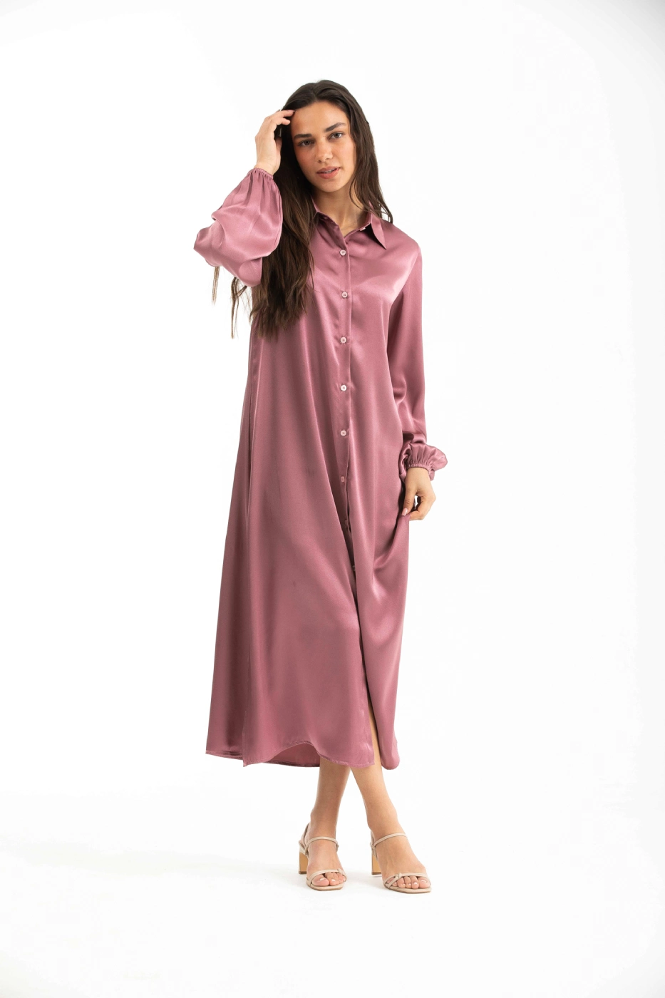 Long Pink Buttoned With Button Cuffs Satin Dress thumbnail