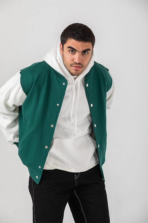 Color Combo Varcity Jacket in Green & White thumbnail