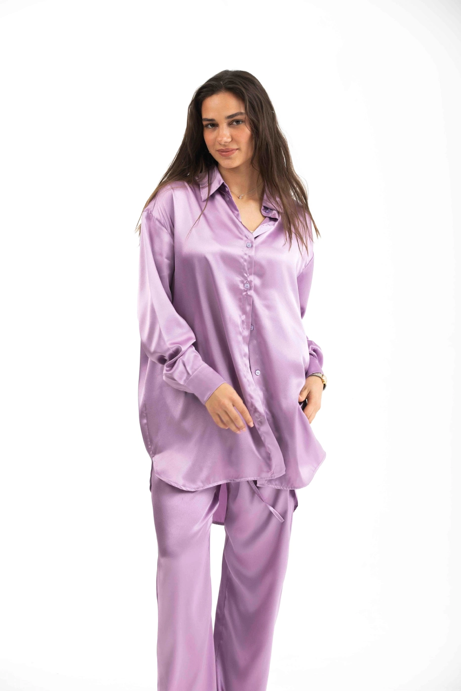 Purple Buttoned Long Sleeved Satin Shirt thumbnail