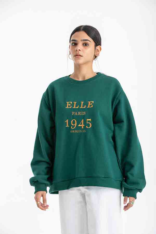 Elle Embroided Crewneck In Green – ELLE thumbnail