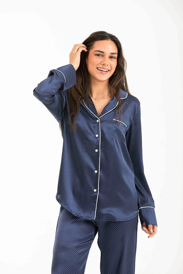 Blue Buttoned Long Sleevd Front Pocket Satin Pyjama Set thumbnail