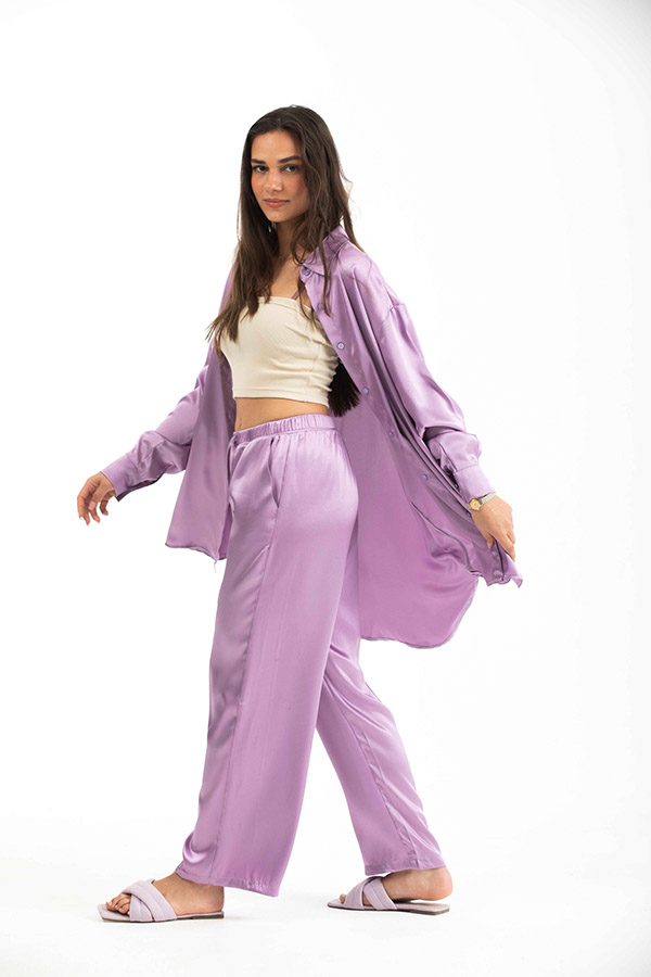 Light Purple elastic waist Satin Pants thumbnail