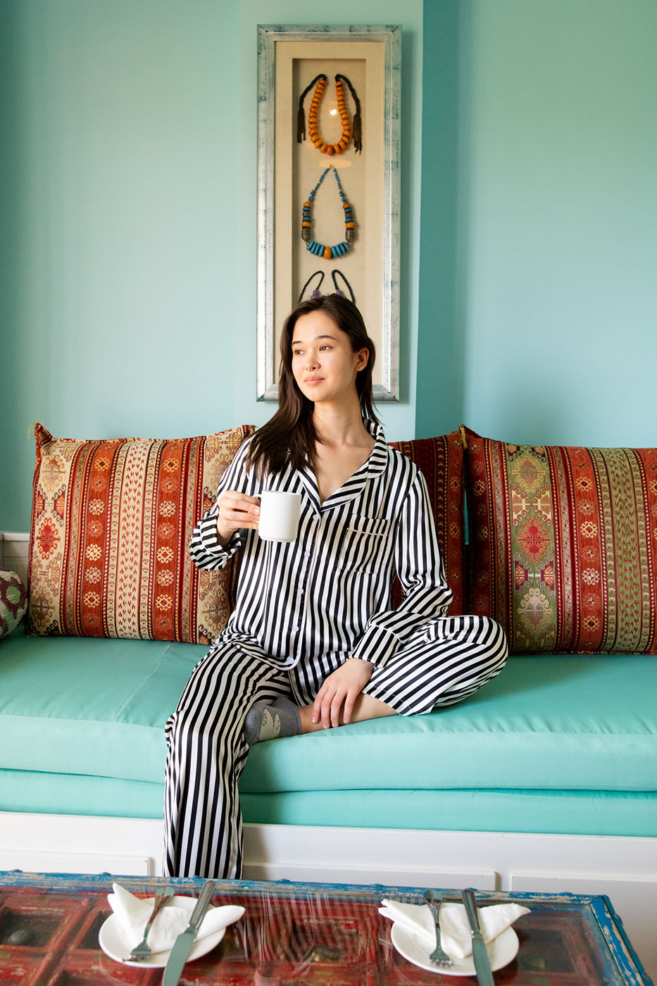 Striped Buttoned Long Sleeved Front Pocket Satin Pyjama Set thumbnail