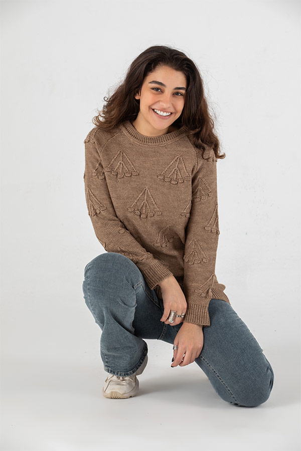 Comfort in Pompoms Pullover in Brown thumbnail