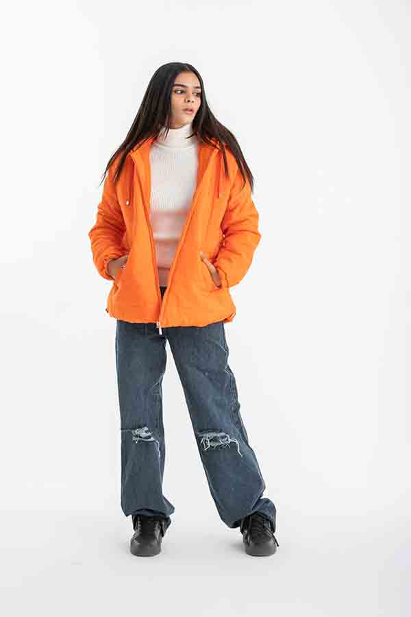 Puffer Zip Up Jacket In Orange – FYI thumbnail