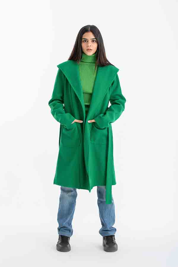 Classic Tied Up Coat In Green – ELLE thumbnail