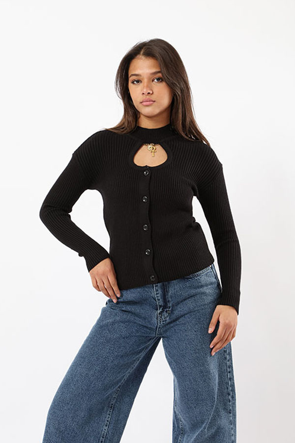 Buttoned Knit Top In Black thumbnail