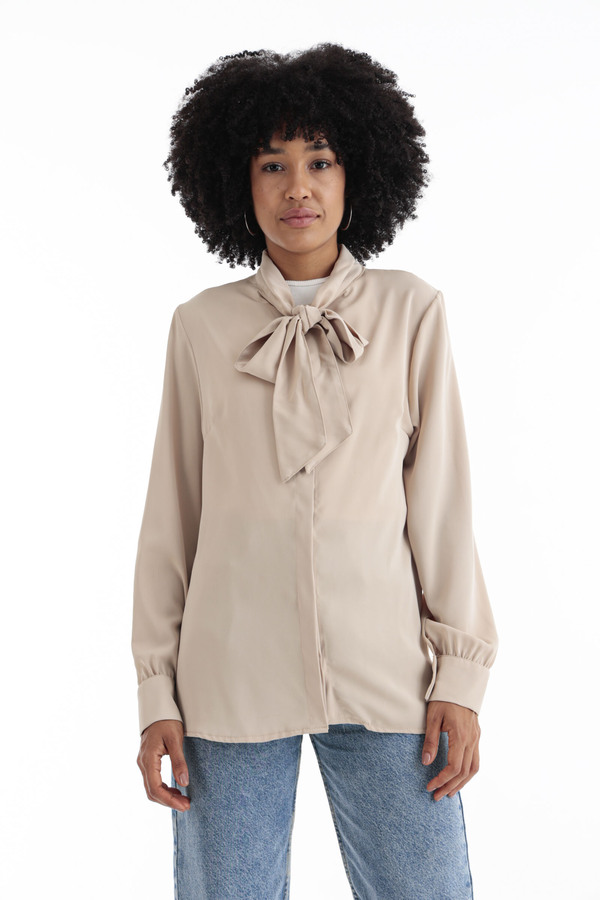 Long Sleeve Tie Front Shirt In Beige thumbnail