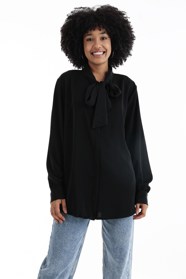 Long Sleeve Tie Front Shirt In Black thumbnail