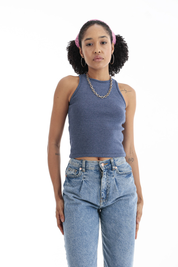 Ribbed Round Neck Tank Top in blue thumbnail