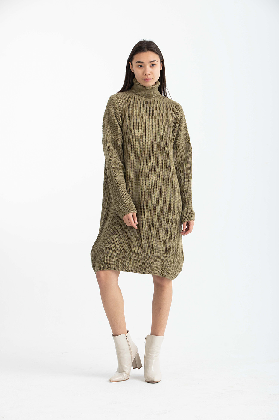 Oversized Olive High Neck Knitted Dress thumbnail