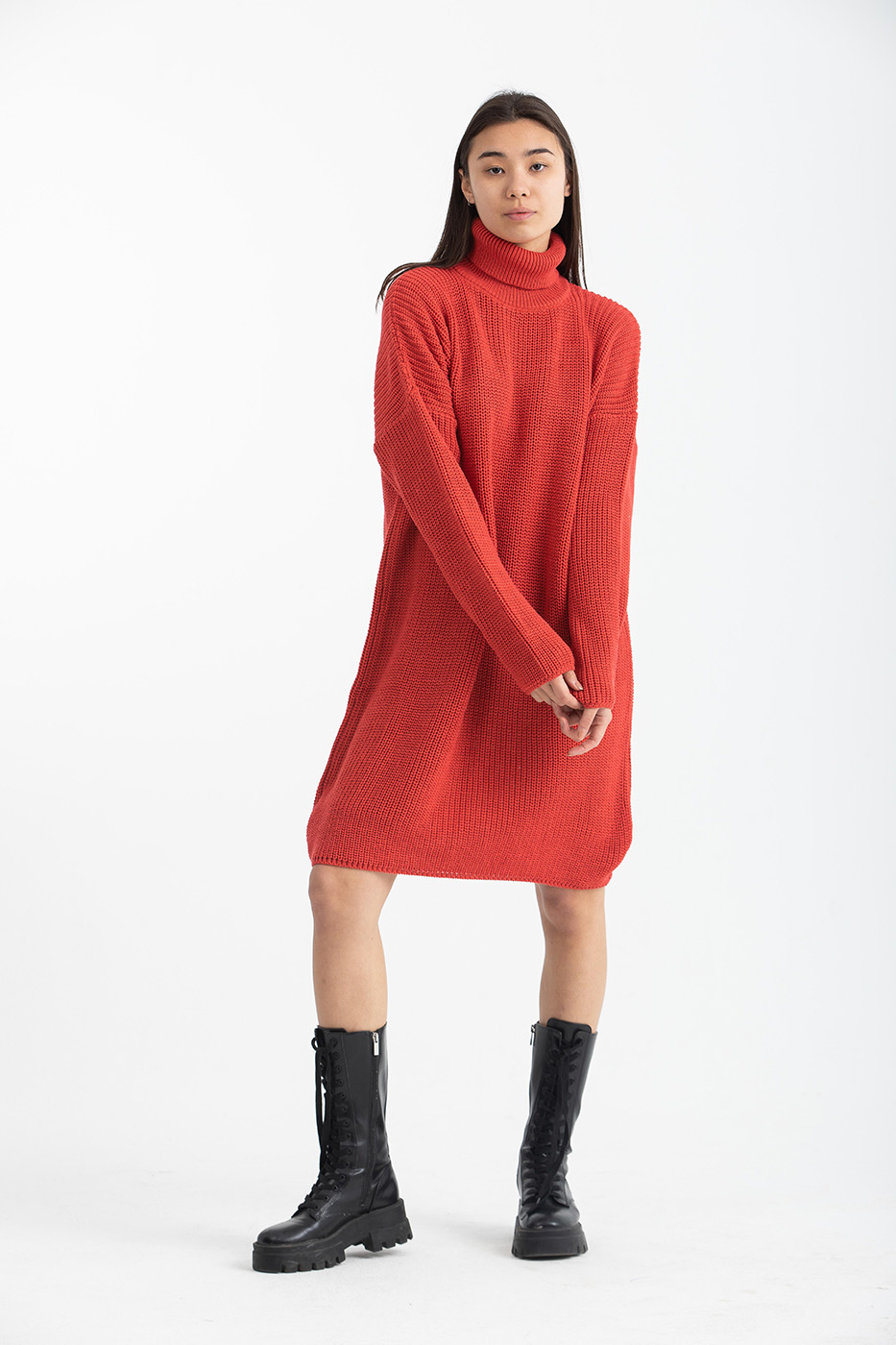 Oversized Red Brike High Neck Knitted Dress thumbnail