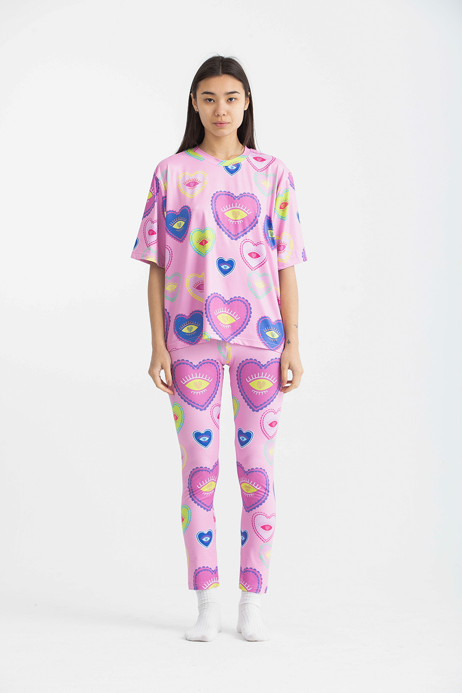 Colored Heart Short Sleeve Crew Neck Pyjama Set thumbnail