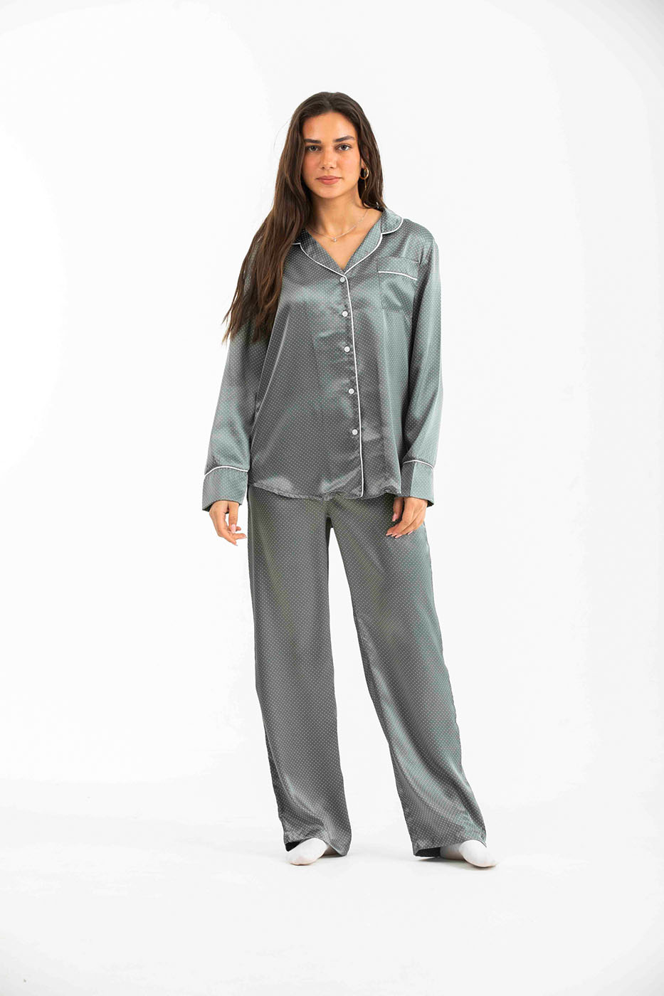 Grey Buttoned Long Sleevd Front Pocket Satin Pyjama Set thumbnail
