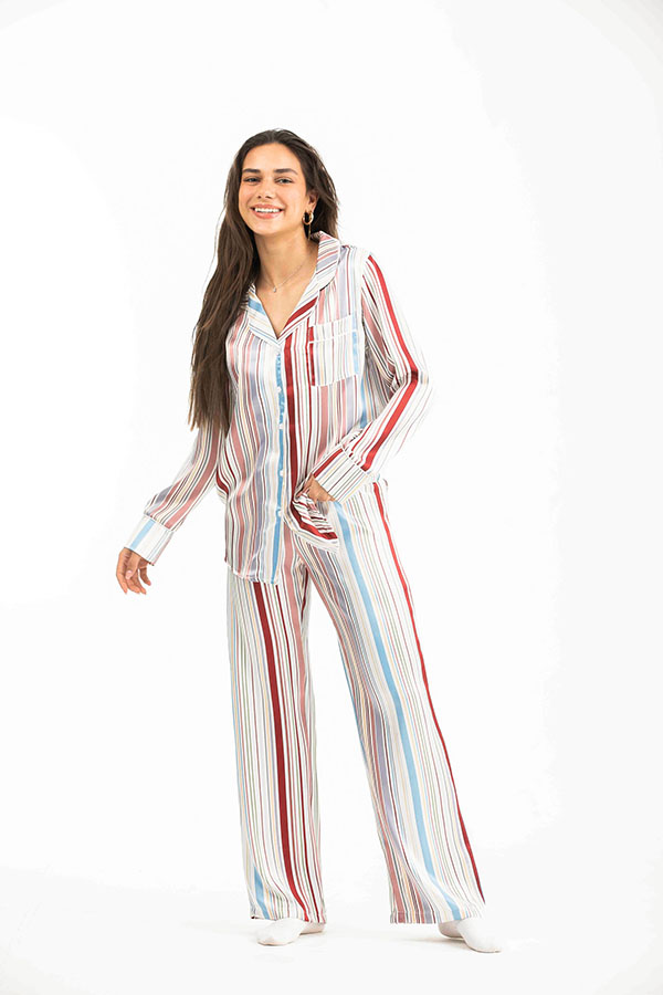 Colorful Buttoned Long Sleeved With Front Pocket Satin Pyjama Set thumbnail
