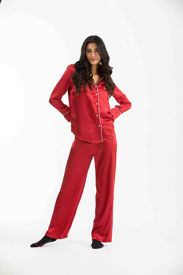 Red Buttoned Long Sleevd Front Pocket Satin Pyjama Set thumbnail