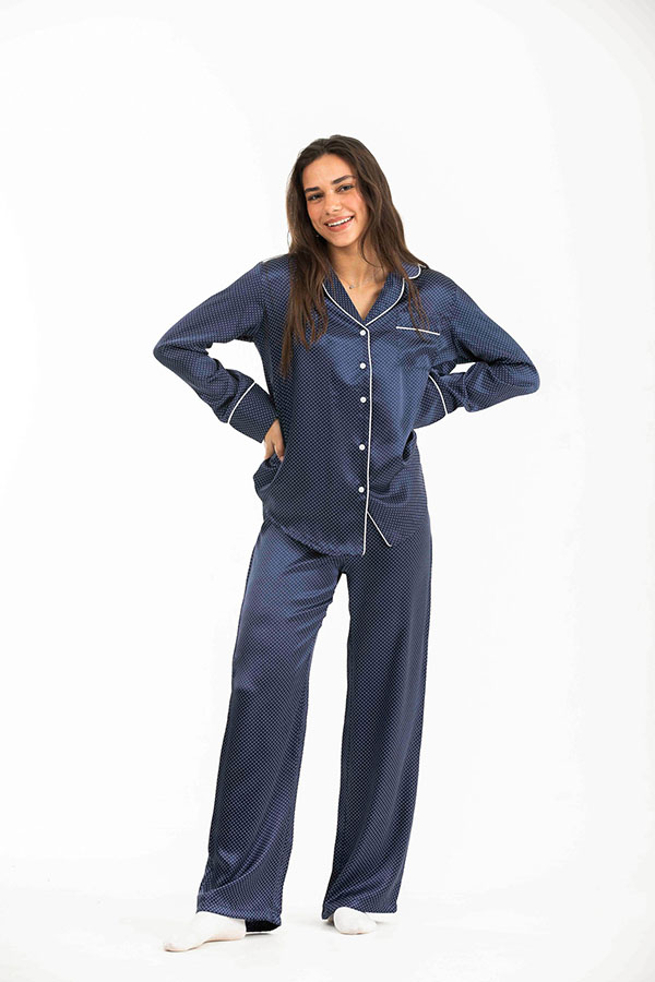 Blue Buttoned Long Sleevd Front Pocket Satin Pyjama Set thumbnail