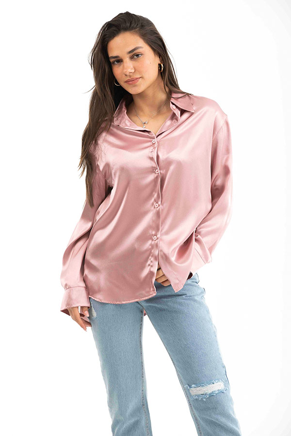 Rose Gold Buttoned Long Sleeved Satin Shirt thumbnail