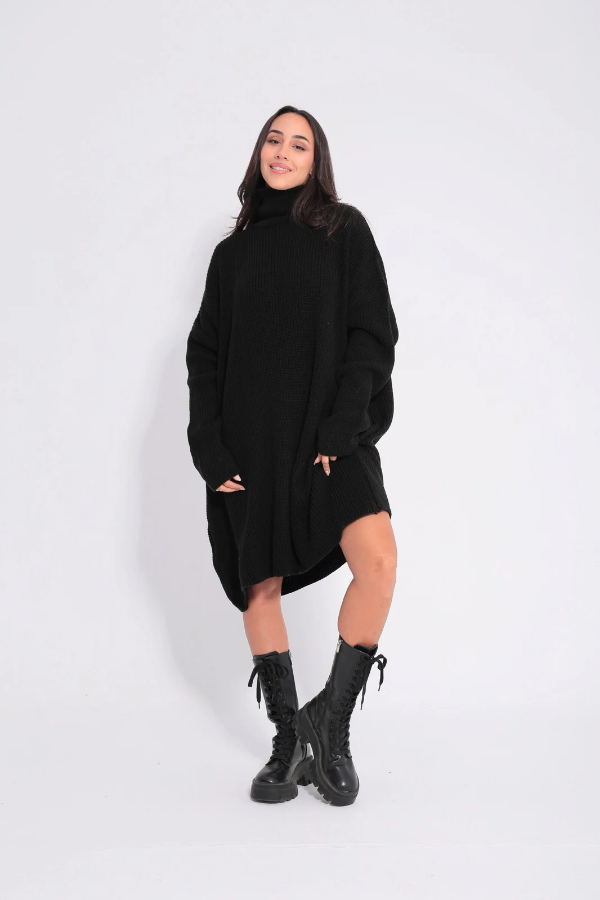 Oversized Black High Neck Knitted Dress thumbnail