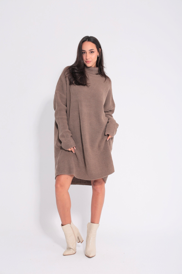 Oversized Brown High Neck Knitted Dress thumbnail