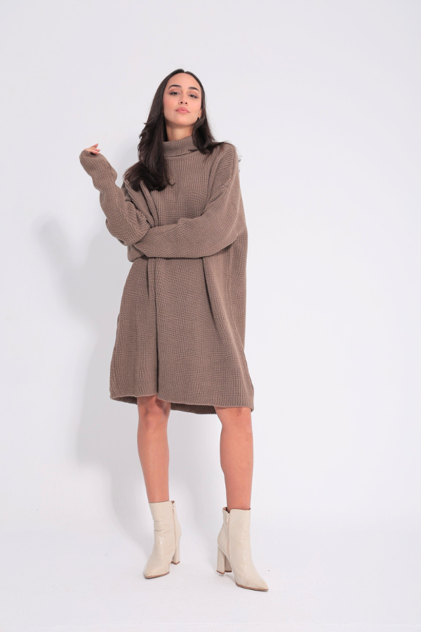 Oversized Brown High Neck Knitted Dress thumbnail
