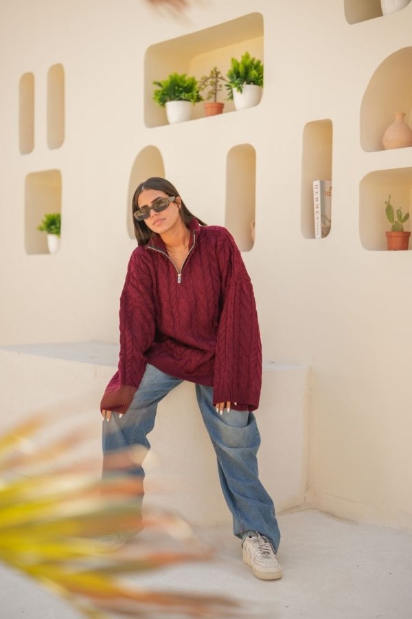 Oversized Zip Up Burgundy Sweater thumbnail