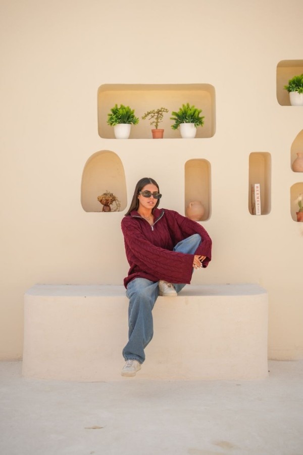 Oversized Zip Up Burgundy Sweater thumbnail