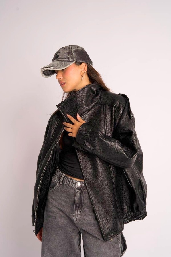 Oversized Black Leather Jacket thumbnail