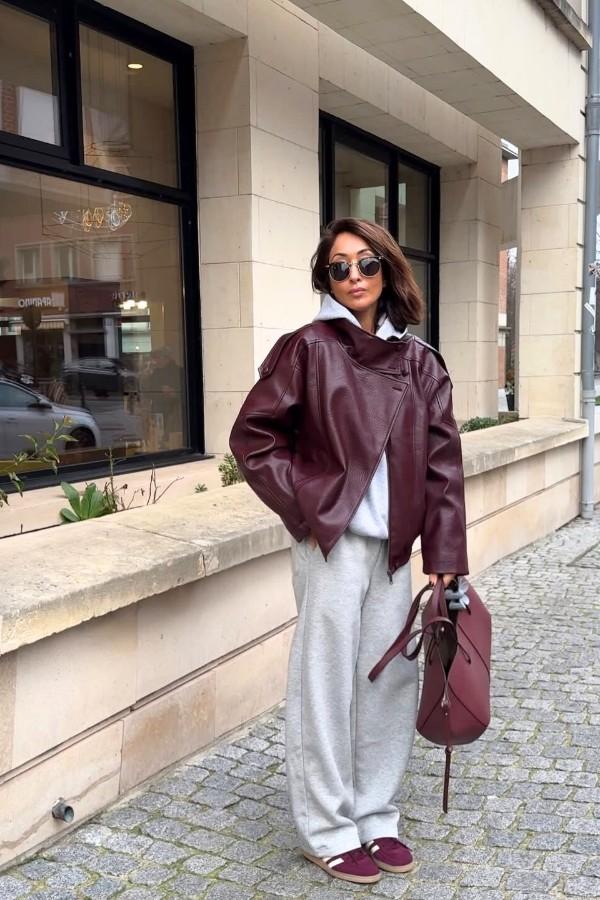 Oversized Burgundy Leather Jacket thumbnail
