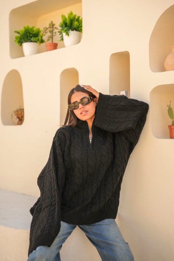 Oversized Zip Up Black Sweater thumbnail