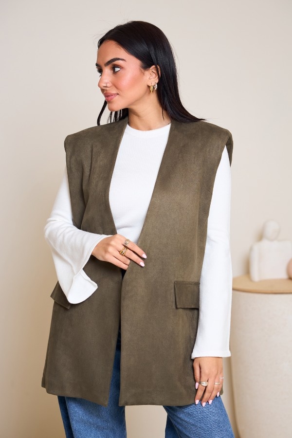 Oversized Suede Vest In Olive Green thumbnail