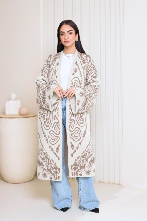 Damask Knitted Kimono In Beige thumbnail
