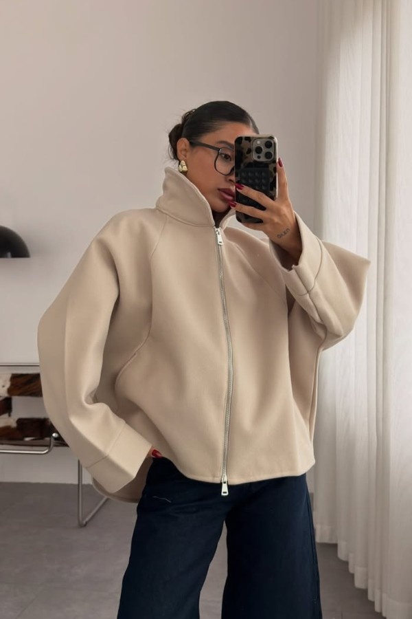 Oversized Zip Up Beige Jacket thumbnail